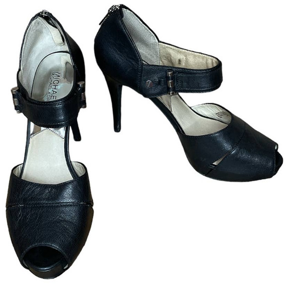 Michael Kors Black Leather Peep Toe Heels Back Zip Size 10 - Picture 1 of 14